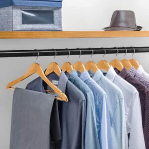 High-Grade Wooden Suit Hangers with Non Slip Pants Bar Smooth Finish Solid Wood Coat Hanger 360° Swivel Hook Precisely Cut Notches for Camisole, Jacket, Pant, Dress Clothes Hangers - 10 Pack, Natural