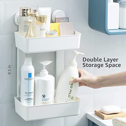 LEVERLOC Shower Caddy Double Layer Suction Cup Shower Caddy with 4 Hooks One Second Installation Shower Organizer Waterproof & Oil-proof Draining Bathroom Shelves No Drilling