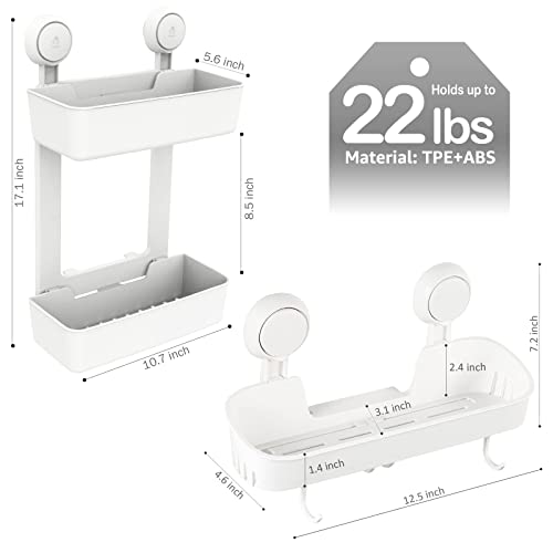 LEVERLOC Shower Caddy Double Layer Suction Cup Shower Caddy with 4 Hooks One Second Installation Shower Organizer Waterproof & Oil-proof Draining Bathroom Shelves No Drilling