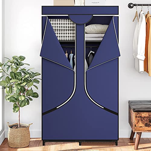 YIZAIJIA Portable Wardrobe Closet Clothing Organizer with Dustproof Non-Woven Fabric 34 Inch Clothes Hanging Rack for Bedroom (34 Inch, Blue)