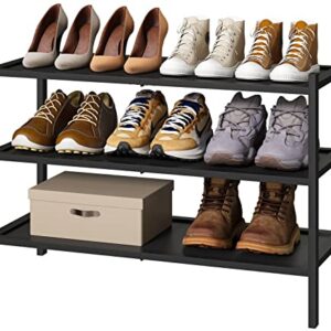 kiplant 3-Tier Black Bamboo Shoe Rack for Entryway, Stackable | Foldable | Natural, Shoe Organizer for Hallway Closet, Free Standing Shoe Racks for Indoor Outdoor