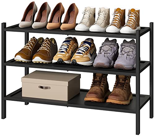 kiplant 3-Tier Black Bamboo Shoe Rack for Entryway, Stackable | Foldable | Natural, Shoe Organizer for Hallway Closet, Free Standing Shoe Racks for Indoor Outdoor