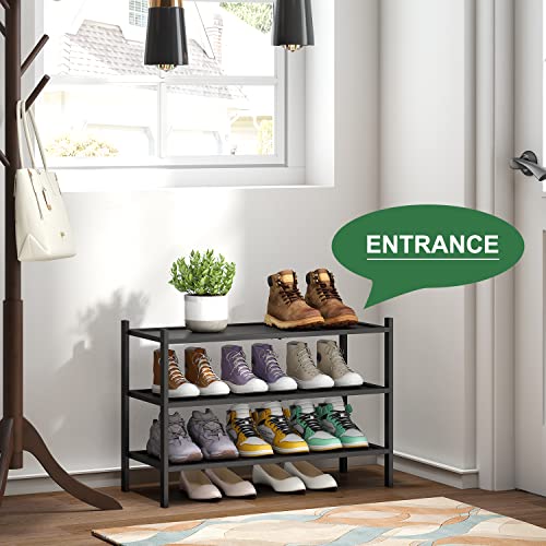 kiplant 3-Tier Black Bamboo Shoe Rack for Entryway, Stackable | Foldable | Natural, Shoe Organizer for Hallway Closet, Free Standing Shoe Racks for Indoor Outdoor