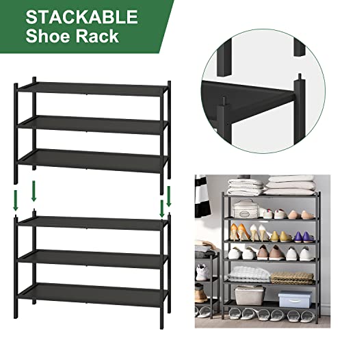 kiplant 3-Tier Black Bamboo Shoe Rack for Entryway, Stackable | Foldable | Natural, Shoe Organizer for Hallway Closet, Free Standing Shoe Racks for Indoor Outdoor