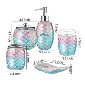 Motifeur Bathroom Accessories Set, 5-Piece Glass Bath Accessory Complete Set with Lotion Dispenser/Soap Pump, Cotton Jar, Soap Dish, Tumbler and Toothbrush Holder (Mermaid)