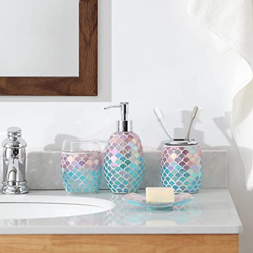 Motifeur Bathroom Accessories Set, 5-Piece Glass Bath Accessory Complete Set with Lotion Dispenser/Soap Pump, Cotton Jar, Soap Dish, Tumbler and Toothbrush Holder (Mermaid)
