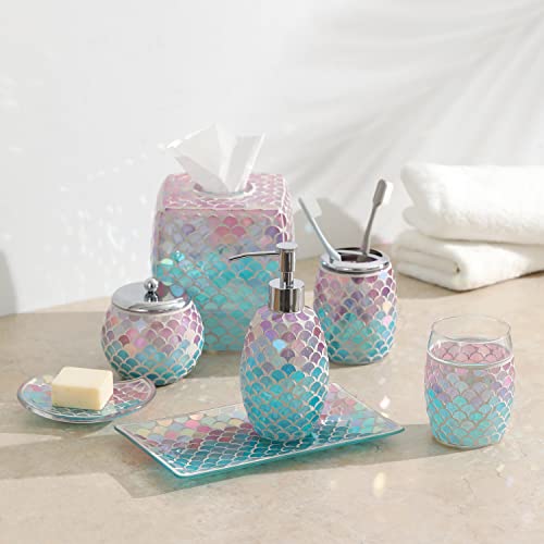 Motifeur Bathroom Accessories Set, 5-Piece Glass Bath Accessory Complete Set with Lotion Dispenser/Soap Pump, Cotton Jar, Soap Dish, Tumbler and Toothbrush Holder (Mermaid)