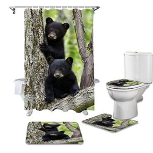 crystal emotion 4 pcs bathroom shower curtains sets with rugs, black bear family forest, luxury toilet lid cover, bath mat，waterproof fabric shower curtain with 12 hooks for hotel/bathroom animal