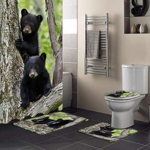 Crystal Emotion 4 Pcs Bathroom Shower Curtains Sets with Rugs, Black Bear Family Forest, Luxury Toilet Lid Cover, Bath Mat，Waterproof Fabric Shower Curtain with 12 Hooks for Hotel/Bathroom Animal