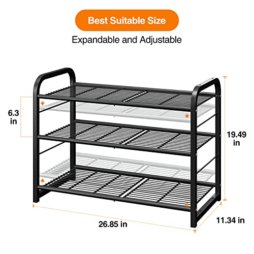 LEGUANG 3-Tier Stackable Shoe Rack Storage Organizer, for Bedroom Closet, Entryway, Hallway, Expandable & Adjustable, Wire Grid, Black