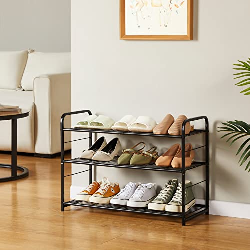 LEGUANG 3-Tier Stackable Shoe Rack Storage Organizer, for Bedroom Closet, Entryway, Hallway, Expandable & Adjustable, Wire Grid, Black