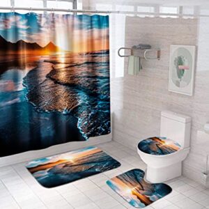 GRIEKOWE 4 Pcs Beach Shower Curtain Sets with Non-Slip Rugs, Toilet Lid Cover and Bath Mat, Sunset Ocean Waves Shower Curtain Blue Sky Coastal Sun Rays Shower Curtain with 12 Hooks, 72''x72''