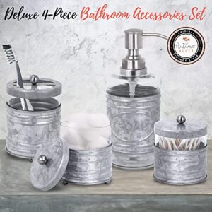 Autumn Alley Rustic Farmhouse Glass and Galvanized Bathroom Accessories Set (4 PCS) - Lotion Soap Dispenser, Toothbrush Holder, 2 Apothecary Jars (Qtip Holder) - Rustic Farmhouse Bathroom Decor