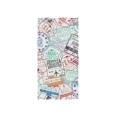 ZZAEO Travel Passport Stamps Towel Hand Towel, 30 x 15 inch Thin Lightweight Soft Absorbent Fingertip Towel for Home Bathroom Theme Decor