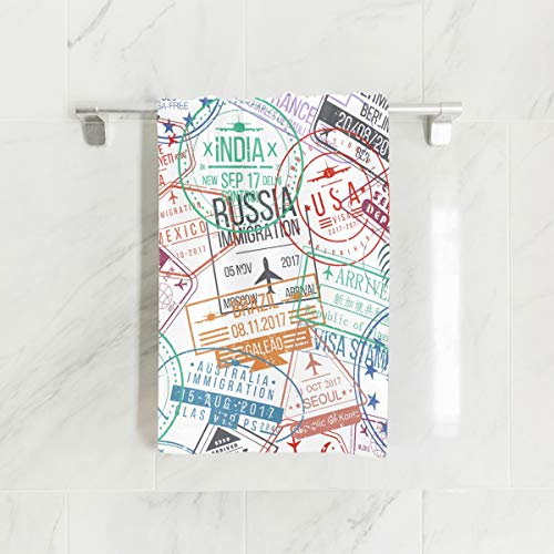 ZZAEO Travel Passport Stamps Towel Hand Towel, 30 x 15 inch Thin Lightweight Soft Absorbent Fingertip Towel for Home Bathroom Theme Decor