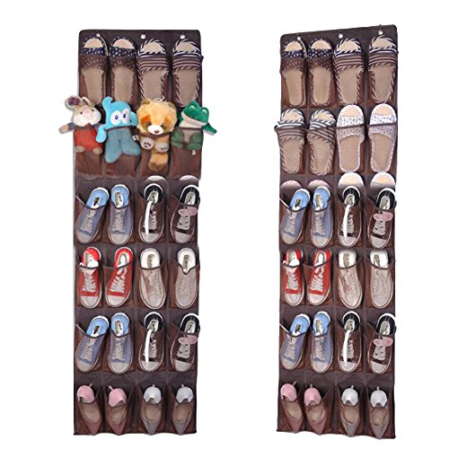 SUPWALL Over The Door Shoe Organizer Rack,24 Pocket for Shoe Toiletries Closet Laundry Storage, with 4 Steel Hooks That Fit More Doors (Coffee)