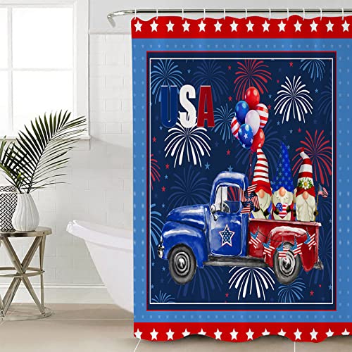 BestLives 4th of July Shower Curtain Sets with Rugs Star Side US Flag Non-Slip Soft Toilet Lid Cover for Bathroom Gnome Truck Firework Ballon 4 Pcs Bathroom Sets with Bath Mat