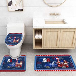 BestLives 4th of July Shower Curtain Sets with Rugs Star Side US Flag Non-Slip Soft Toilet Lid Cover for Bathroom Gnome Truck Firework Ballon 4 Pcs Bathroom Sets with Bath Mat