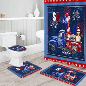 BestLives 4th of July Shower Curtain Sets with Rugs Star Side US Flag Non-Slip Soft Toilet Lid Cover for Bathroom Gnome Truck Firework Ballon 4 Pcs Bathroom Sets with Bath Mat