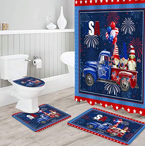 BestLives 4th of July Shower Curtain Sets with Rugs Star Side US Flag Non-Slip Soft Toilet Lid Cover for Bathroom Gnome Truck Firework Ballon 4 Pcs Bathroom Sets with Bath Mat