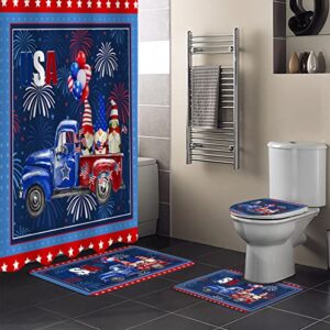 BestLives 4th of July Shower Curtain Sets with Rugs Star Side US Flag Non-Slip Soft Toilet Lid Cover for Bathroom Gnome Truck Firework Ballon 4 Pcs Bathroom Sets with Bath Mat