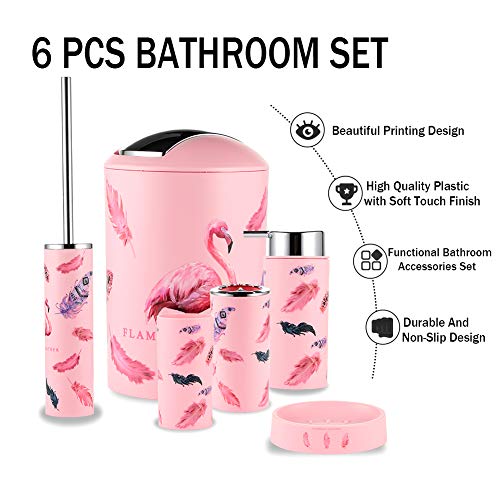 JOTOM 6 Pieces Bathroom Accessories Set,Plastic Bathroom Accessories Toothbrush Holder,Cup,Soap Dish,Hand Sanitizer Bottle,Trash Can,Toilet Brush (Flamingo)