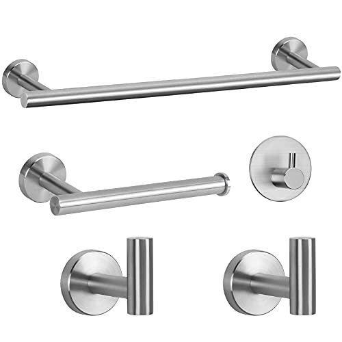 NearMoon 5 Pcs Bathroom Hardware Set SUS 304 Thicken Stainless Steel-Towel Bar Set Include 16" Towel Rod+Toilet Paper Holder+3 Multifunctional Hooks Bathroom Accessories (Brushed Nickel)