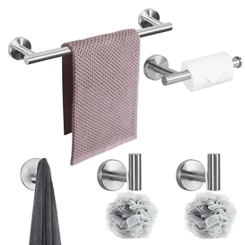 NearMoon 5 Pcs Bathroom Hardware Set SUS 304 Thicken Stainless Steel-Towel Bar Set Include 16" Towel Rod+Toilet Paper Holder+3 Multifunctional Hooks Bathroom Accessories (Brushed Nickel)