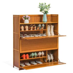 monibloom 7 tier shoe storage organzier, bamboo boots cabinet with pull-down doors sneakers rack organizer for 26-30 pairs entryway hallway mudroom, brown