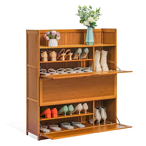 MoNiBloom 7 Tier Shoe Storage Organzier, Bamboo Boots Cabinet with Pull-Down Doors Sneakers Rack Organizer for 26-30 Pairs Entryway Hallway Mudroom, Brown