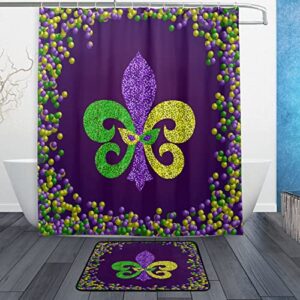 xigua mardi gras bath curtain rugs sets 2 pcs,mardi gras lily and shimmer beads bathroom theme set with shower curtain and non-slip carpet -12 hooks-60x72in