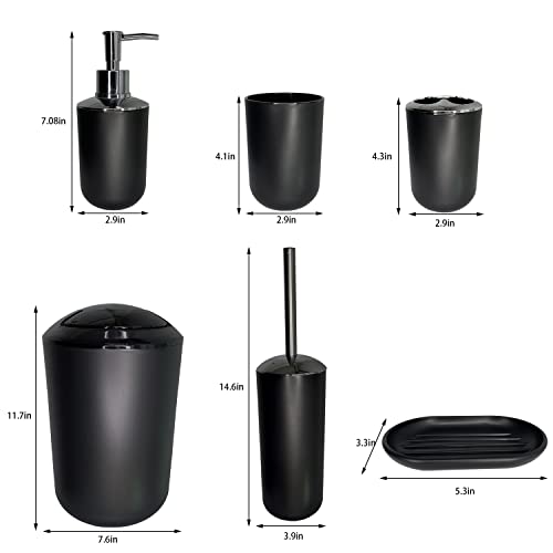 Tairuilan Bathroom Accessories Set,Toothbrush Cup,Toothbrush Holder,Soap Dish,Soap Dispenser,Toilet Brush Holder, Trash Can,6 Piece Plastic Gift Set (Black)