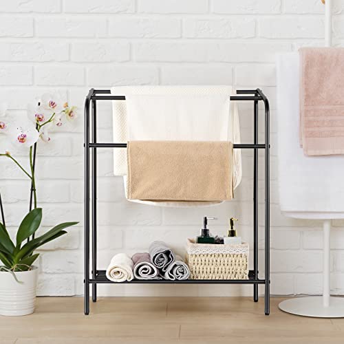 Freestanding Towel Rack Black Hand Towel Drying Rack for Bathroom 3 Tier Blanket Ladder for Living Room Drying and Display Storage Rack with Shelf, Black