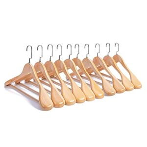 baoz 10 pack solid wooden suit hangers high-grade glossy finish wide shoulder design with non slip pants bar swivel hook for sweater, coat, pants, heavy clothes
