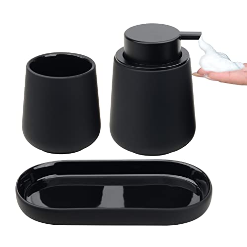 Black Bathroom Accessories Set 3 pcs - Ceramic Foaming Bathroom Soap Dispenser Set Farmhouse Black Bathroom Decor, Lotion Soap Dispenser and Toothbrush Holder/Tumbler Cup, Tray