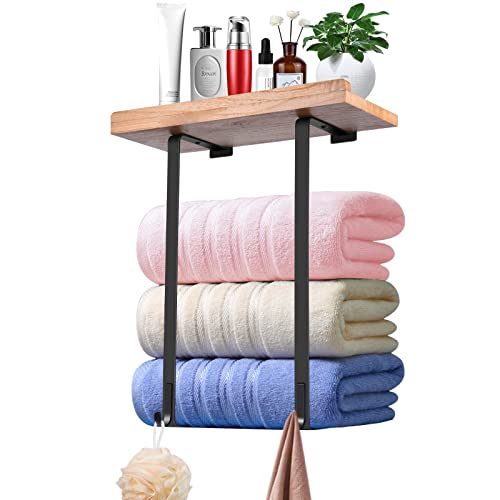 Towel Racks for Bathroom Wall Mounted, KULVGDA Towel Storage Holder for Bathroom Wall with Wooden Shelf & 2 Hooks, Wall Towel Rack Towel Organizer for Small Bathroom, Washcloths, Rolled Bath Towels