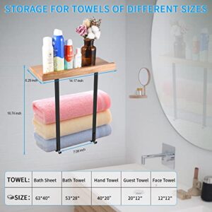 Towel Racks for Bathroom Wall Mounted, KULVGDA Towel Storage Holder for Bathroom Wall with Wooden Shelf & 2 Hooks, Wall Towel Rack Towel Organizer for Small Bathroom, Washcloths, Rolled Bath Towels