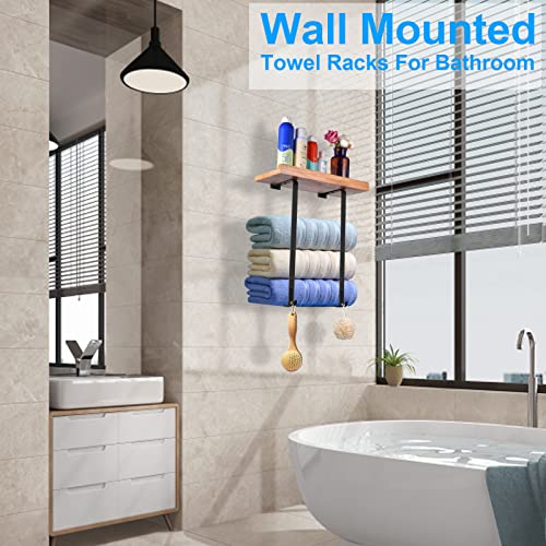 Towel Racks for Bathroom Wall Mounted, KULVGDA Towel Storage Holder for Bathroom Wall with Wooden Shelf & 2 Hooks, Wall Towel Rack Towel Organizer for Small Bathroom, Washcloths, Rolled Bath Towels