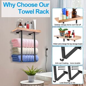 Towel Racks for Bathroom Wall Mounted, KULVGDA Towel Storage Holder for Bathroom Wall with Wooden Shelf & 2 Hooks, Wall Towel Rack Towel Organizer for Small Bathroom, Washcloths, Rolled Bath Towels