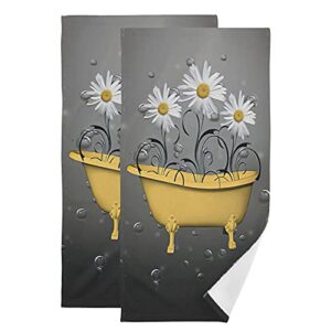 yellow daisy flowers bathtub hand towels 16x30 bathroom towel ultra soft highly absorbent small bath towel kitchen dish guest towel, 2 pieces set