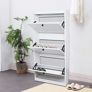 tilt-out modern shoe storage cabinet for entryway, 3 tier floor shoes cabinet with doors, shoe rack organizer with 3 large fold-out drawers