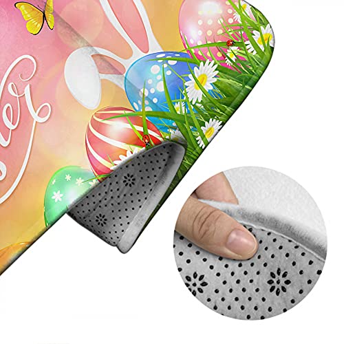 WONDERTIFY Easter Theme Bathroom Antiskid Pad Bunny Ears Butterflies Colorful Eggs in Grass Flowers 3 Pieces Bathroom Rugs Set, Bath Mat+Contour+Toilet Lid Cover Pink