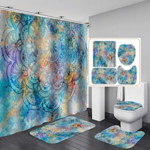 4 pcs mandala shower curtain sets with non-slip rugs and toilet lid cover mysterious abstract art vintage bath decor shower curtains 72"x 72" with 12 hooks durable waterproof for bathroom