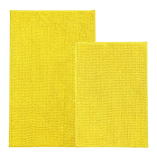 Bathroom Rugs and Mats Sets Yellow 2 Piece Non Slip Super Absorbent Water Bath Floor Rugs,Ultra Soft and Quick Dry Shower Chenille Mats for Bathroom Floor,Tub,Toilet,20x32+16x24 Inch