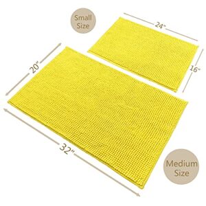 Bathroom Rugs and Mats Sets Yellow 2 Piece Non Slip Super Absorbent Water Bath Floor Rugs,Ultra Soft and Quick Dry Shower Chenille Mats for Bathroom Floor,Tub,Toilet,20x32+16x24 Inch