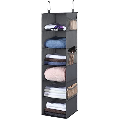 HAITRAL Hanging Closet Organizer - 6-Shelf Hanging Storage Shelves with 3 Side Pocket - Multi-Function Foldable Cube Wardrobe for Home, Dorm, Apartment