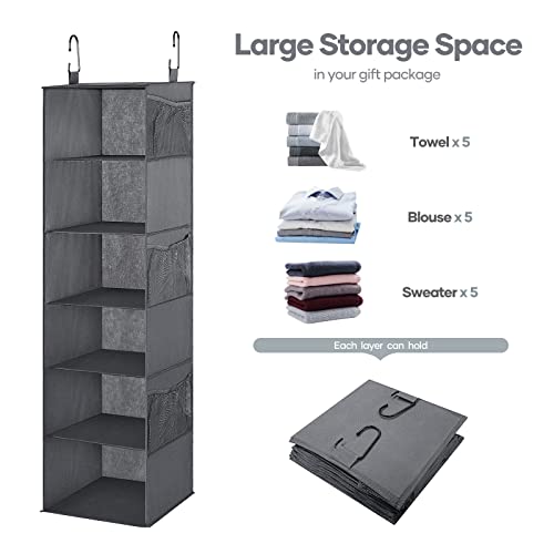 HAITRAL Hanging Closet Organizer - 6-Shelf Hanging Storage Shelves with 3 Side Pocket - Multi-Function Foldable Cube Wardrobe for Home, Dorm, Apartment
