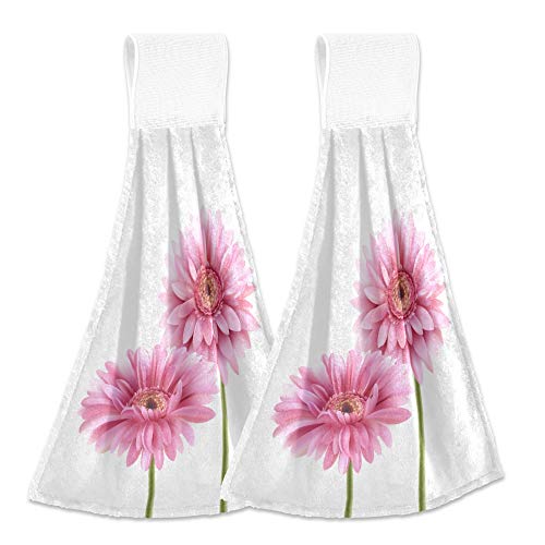 Aslsiy Gerbera Daisy Pink Flowers Hanging Kitchen Towels Bathroom Hand Tie Towel Fast Drying Dish Tea Towels for Bath Tabletop Gym Home Decor Set of 2