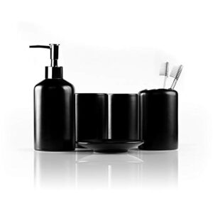 willow&ivory bathroom accessories set | 5 piece, matte black ceramic bath set | toothbrush holder, soap dispenser, soap dish, 2 tumblers | midnight collection