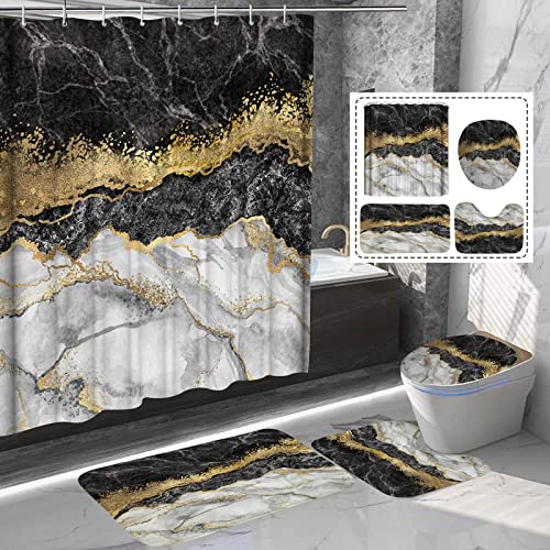 4Pcs Black Marble Shower Curtain Sets, Bathroom Sets with Shower Curtain and Rugs and Accessories, Rug Toilet Lid Cover and Non-Slip U Shape Mat, Waterproof Shower Curtain with 12 Hooks, 72" x 72"